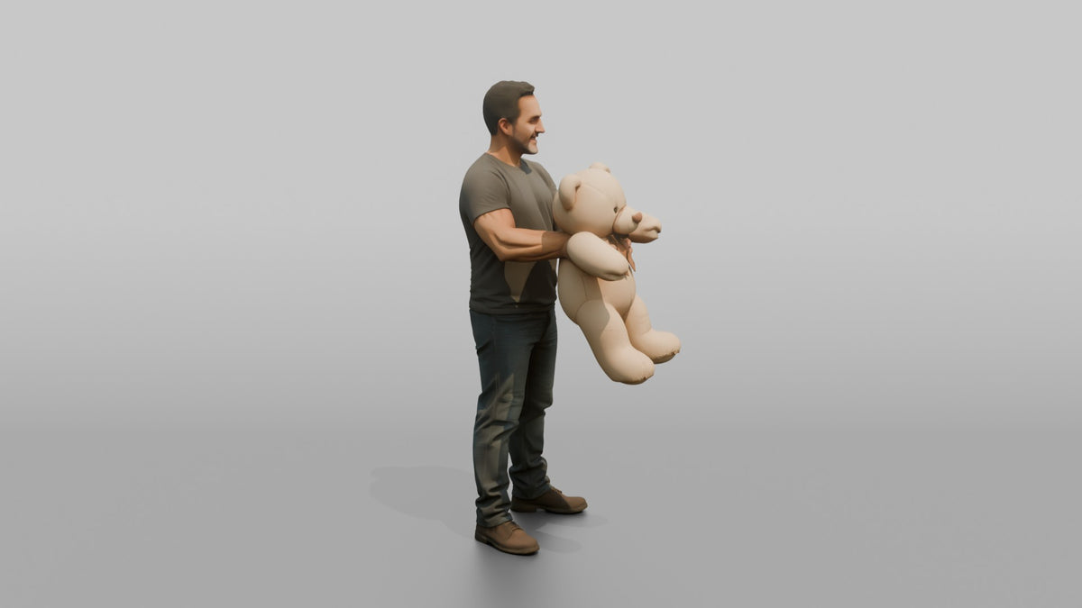 Father Holding A Large Teddy Bear Out In Front Of Him With Both Hands - 3D character model, view 2