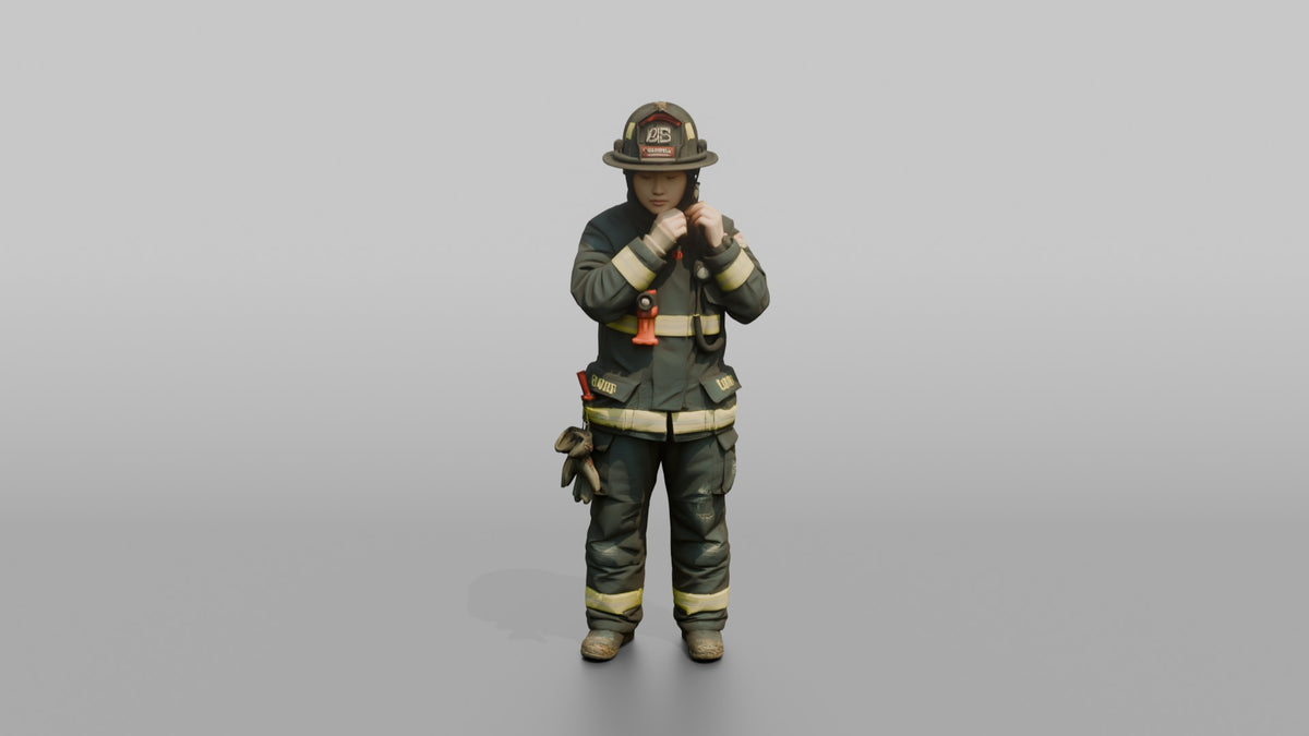 Firefighter Woman Adjusting the Chin Strap on Her Turnout Helmet - 3D character model, view 5