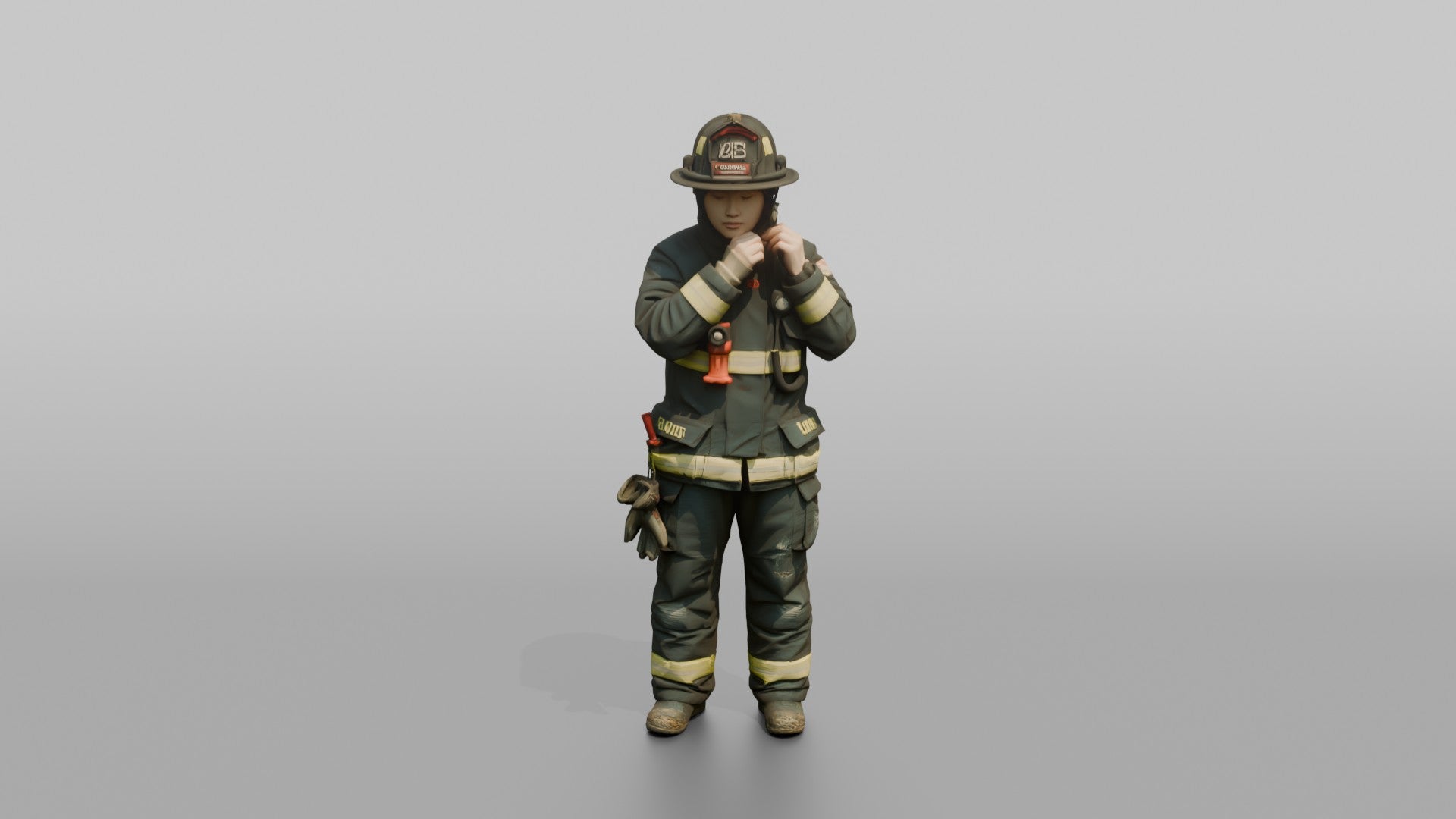 Firefighter Woman Adjusting the Chin Strap on Her Turnout Helmet