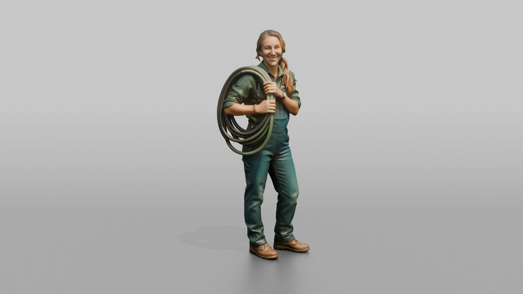 Farmer Coiling Industrial Garden Hose Over Shoulder