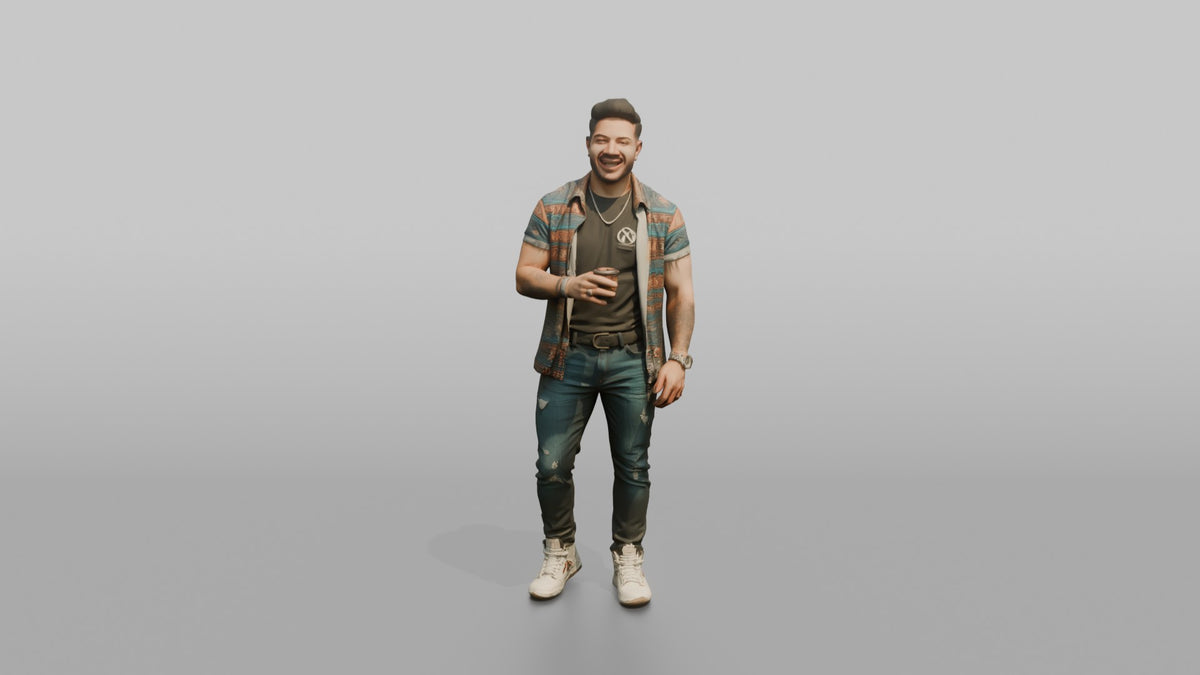 Patron Man Wearing Colorful Streetwear Layers, Mid-laugh, Holding A Drink - 3D character model, view 5
