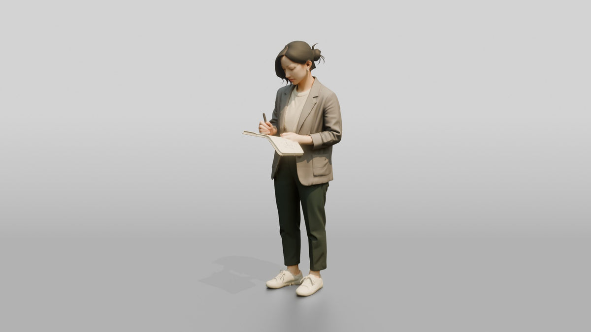 Chinese Woman in Blazer Writing in Notebook - 3D character model, view 4