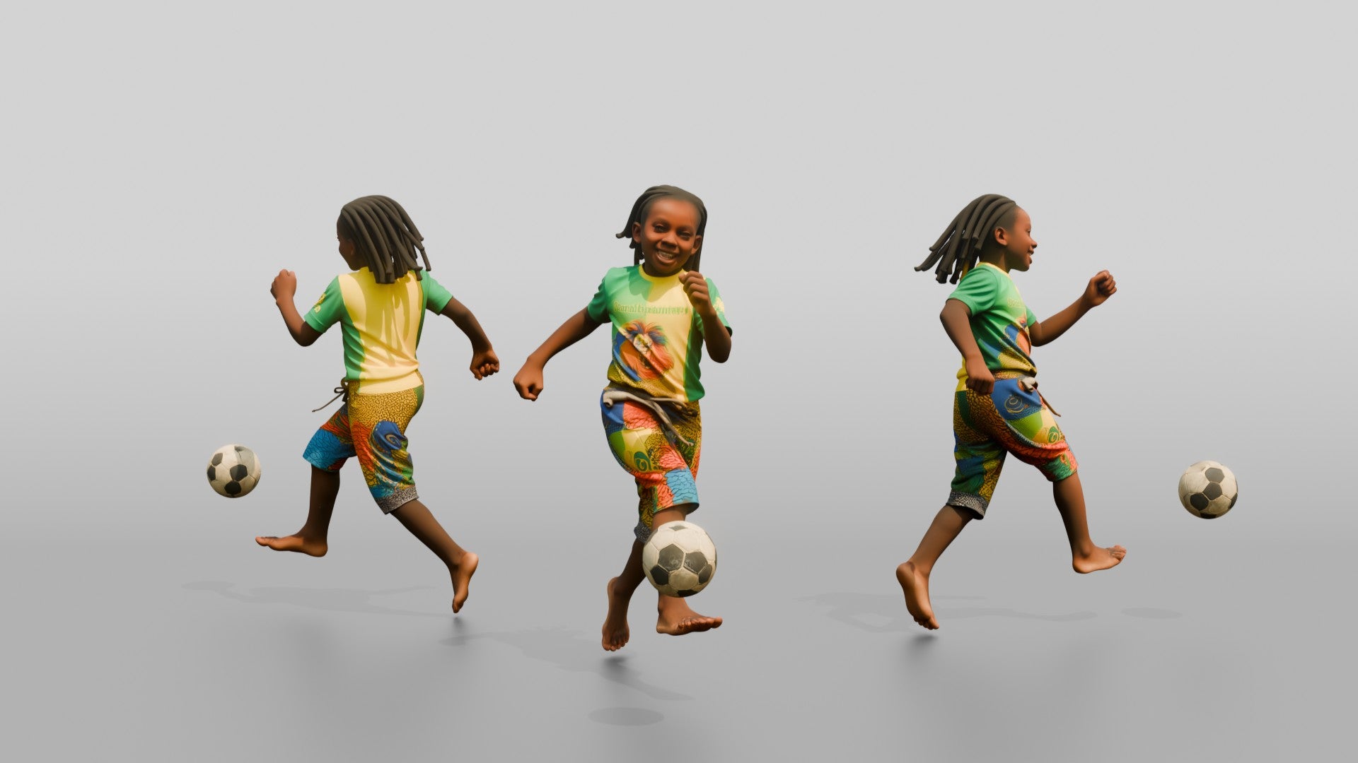 African Boy Playing Soccer in Patchwork Shorts