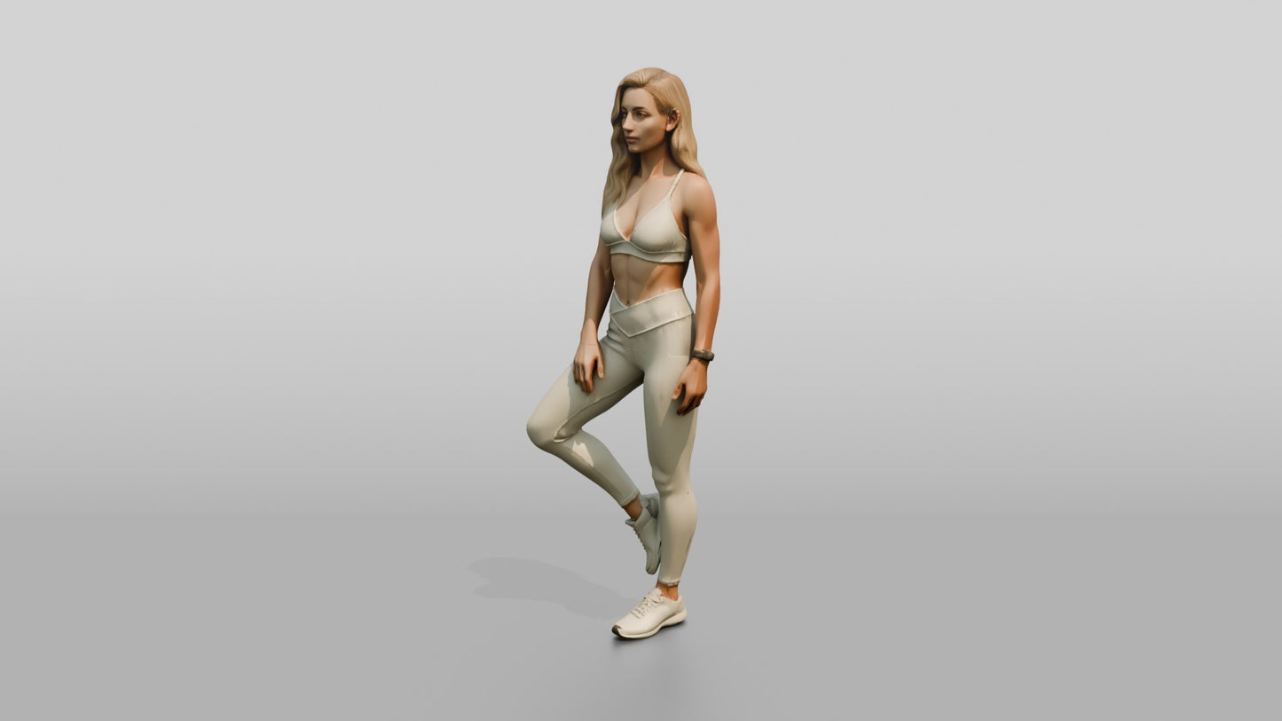 Blonde Woman in Cream Activewear in a Balance Pose