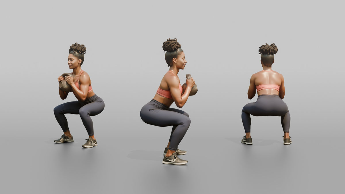 Weightlifter Woman Holding A Kettlebell In A Goblet Squat Position - 3D character model, view 1