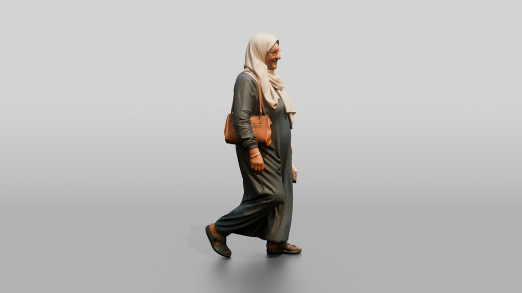 Elderly Egyptian Woman in Hijab Walking with a Handbag