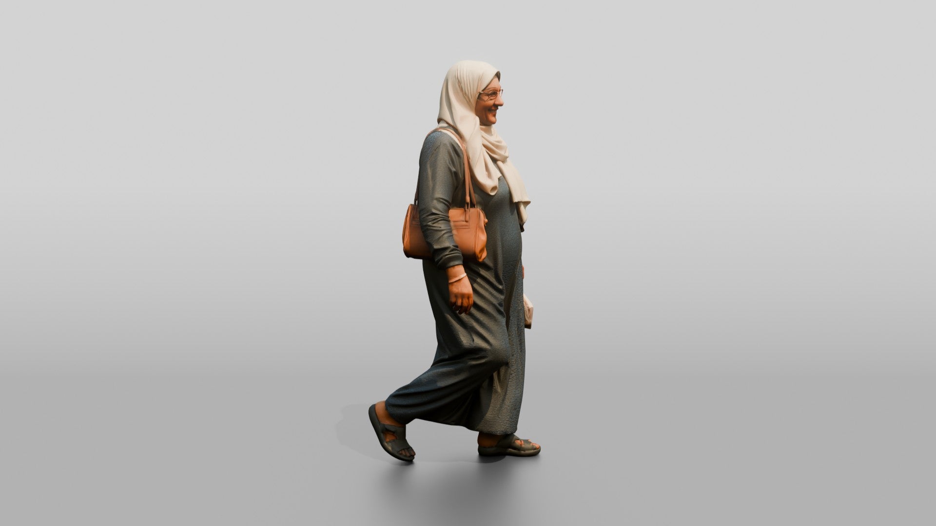Elderly Egyptian Woman in Hijab Walking with a Handbag