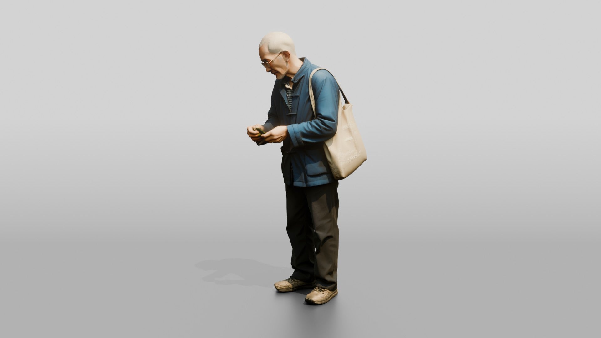 Elderly Chinese Man Walking with Shoulder Bag