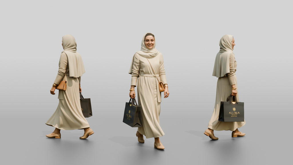 Slender Middle-Aged Saudi Woman in Hijab and Linen Dress