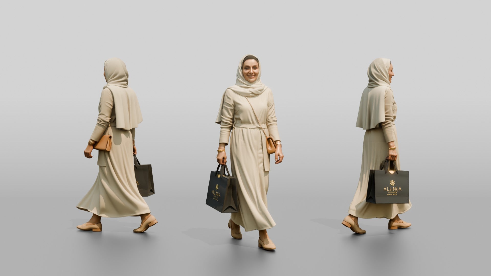 Slender Middle-Aged Saudi Woman in Hijab and Linen Dress