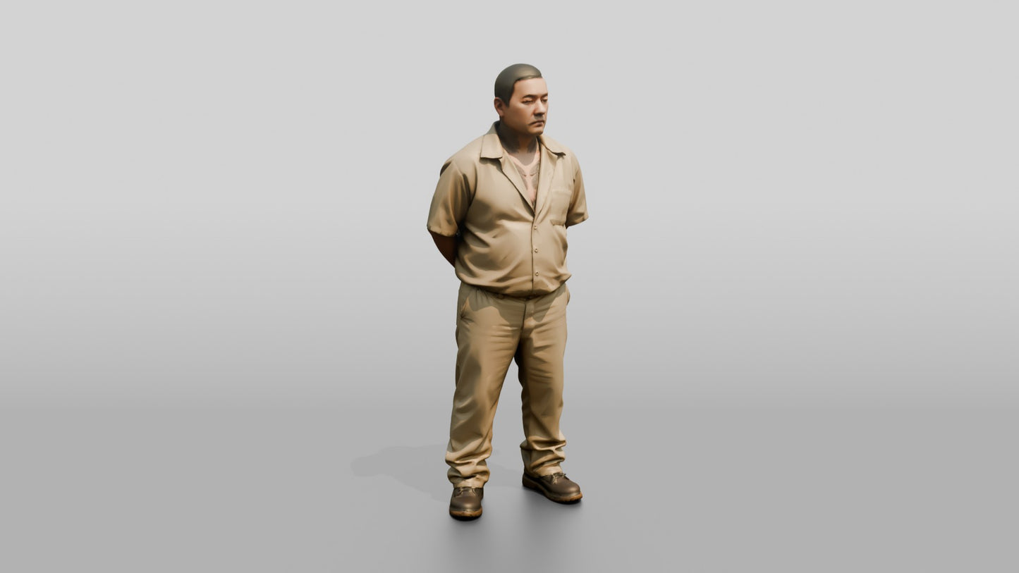 East Asian Male Prisoner in a Khaki Uniform