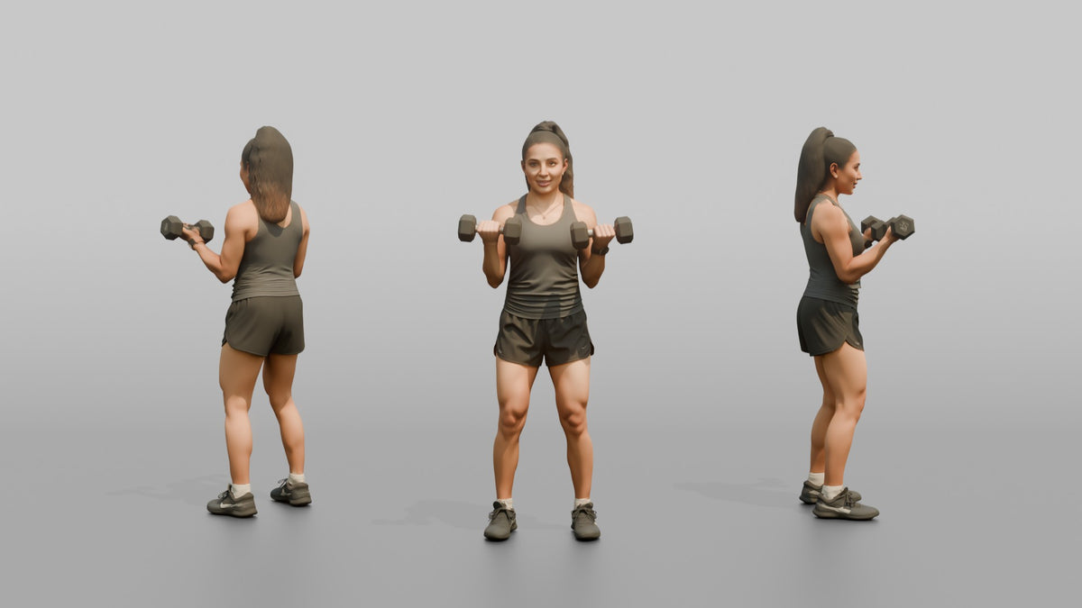 Weightlifter Woman Curling A Pair Of Dumbbells Simultaneously - 3D character model, view 1