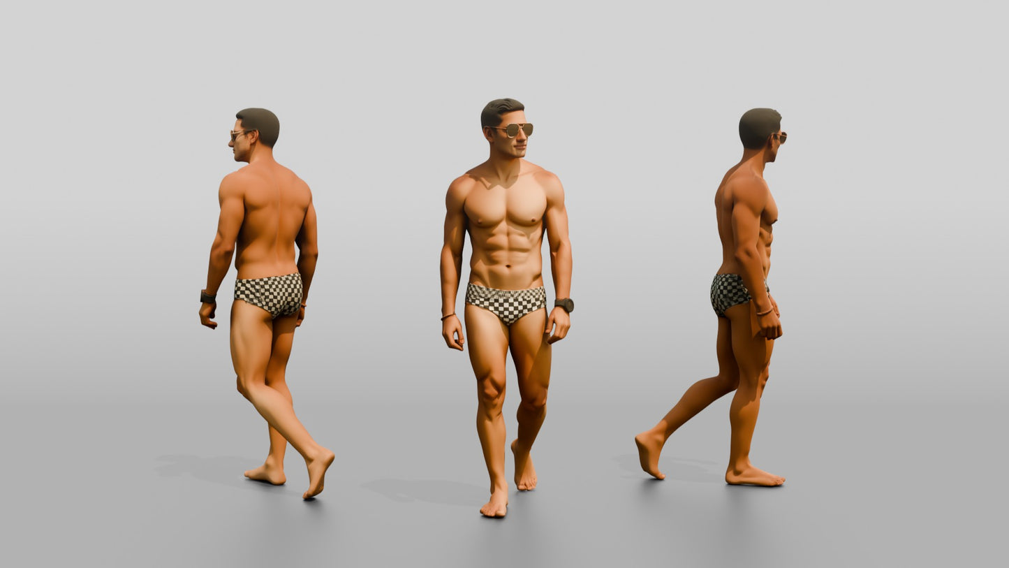 Latino Beach Athlete in Checkerboard Swim Brief