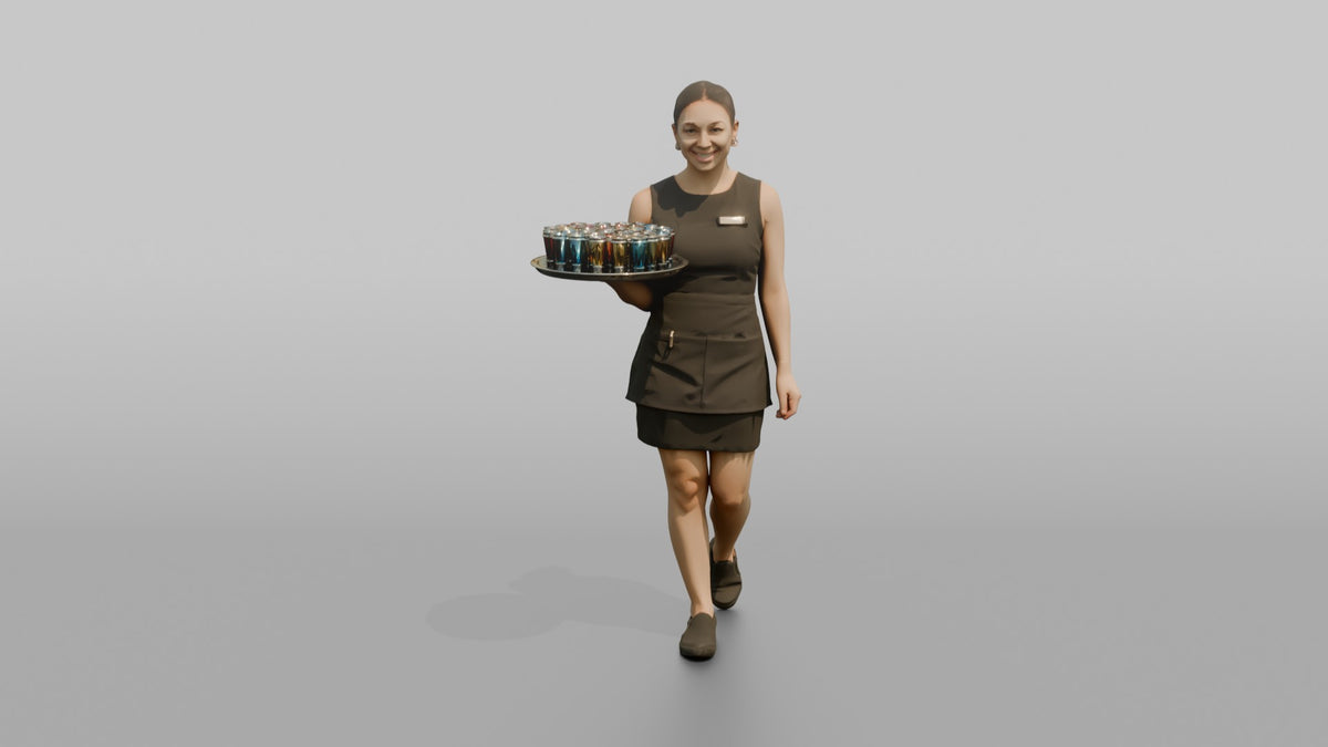 Cocktail Server Woman Carrying A Tray Of Colorful Shots - 3D character model, view 5