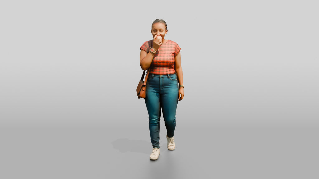 African Woman Eating an Apple in a Plaid Top