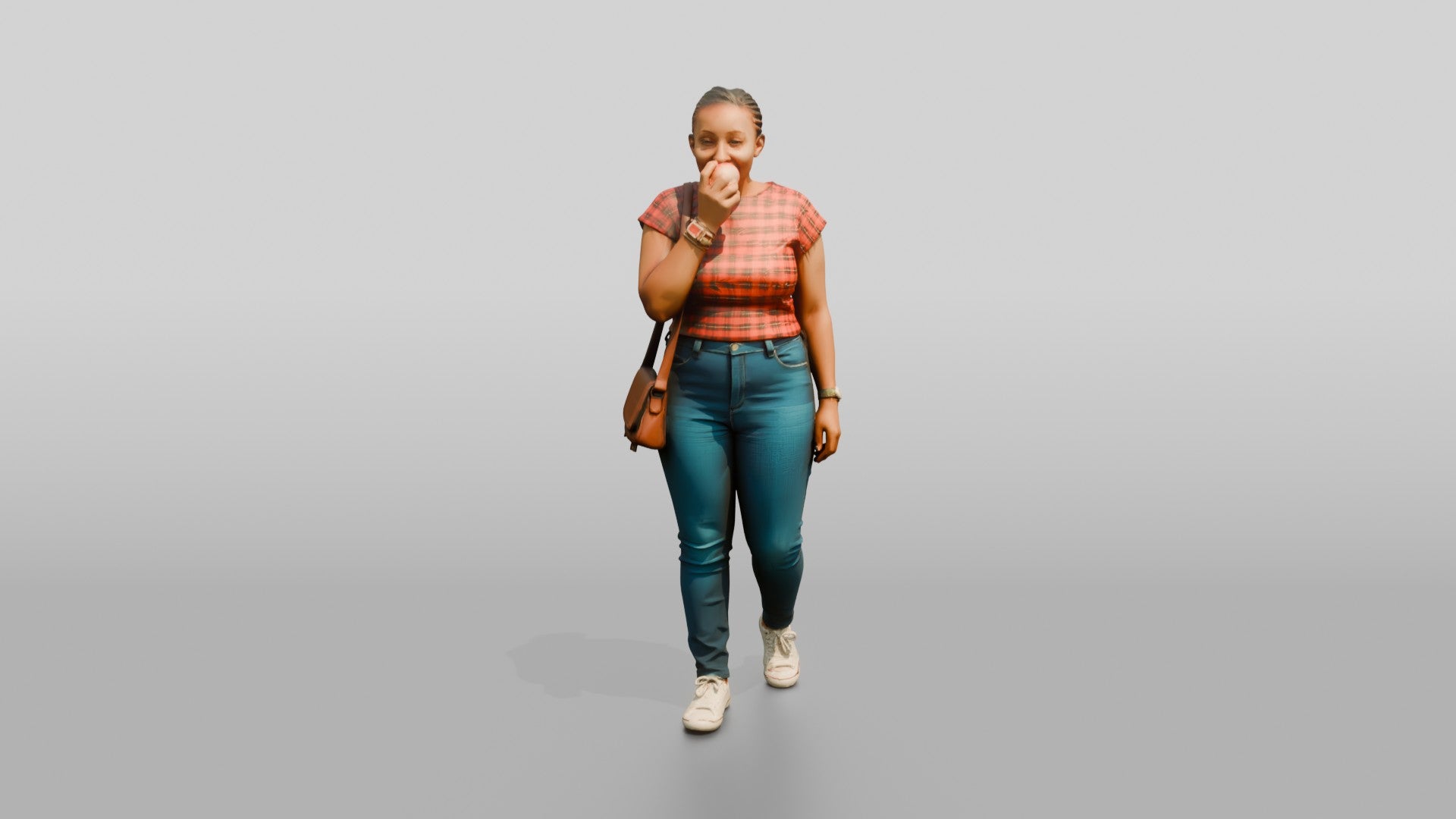 African Woman Eating an Apple in a Plaid Top