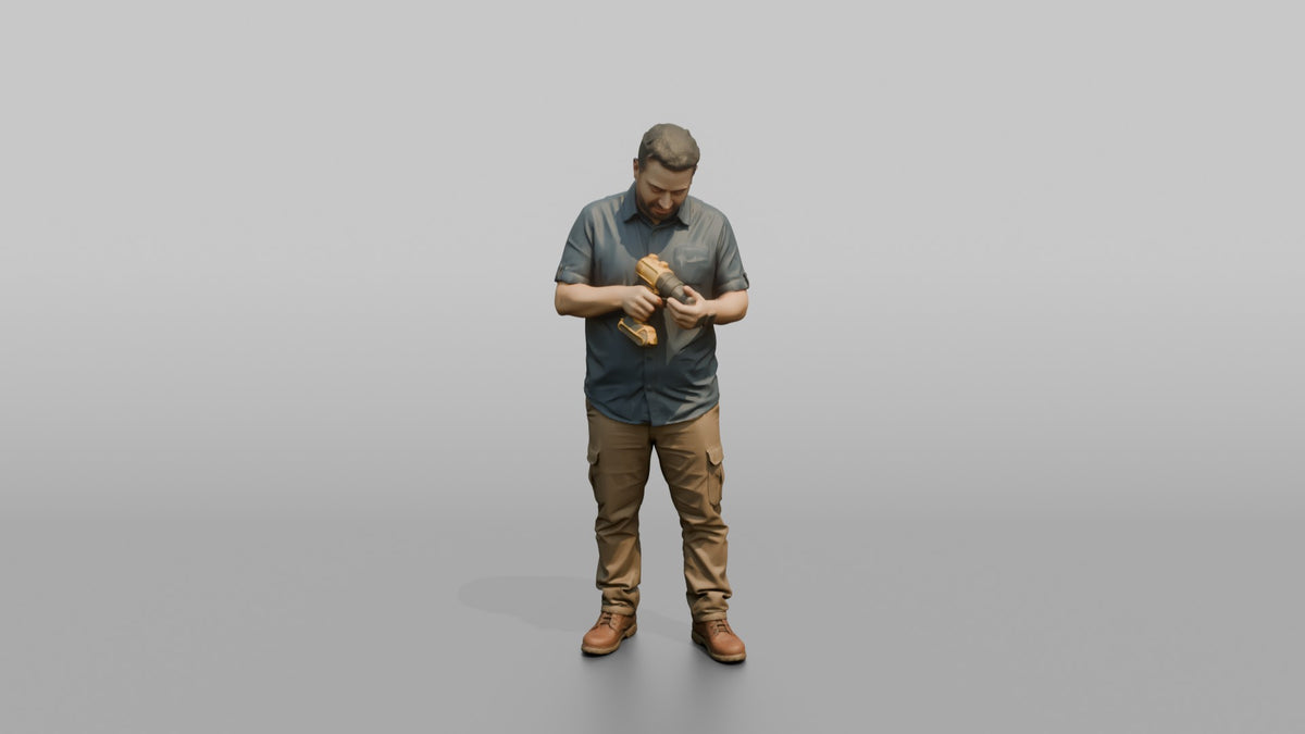 Father Holding A Power Drill, Examining It - 3D character model, view 5