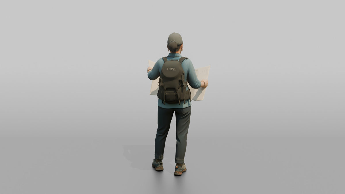 Hiker Holding a Folding Map Open - 3D character model, view 3