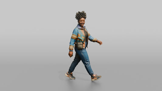African Woman in Ankara Bomber Jacket Walking - 3D character model, view 1