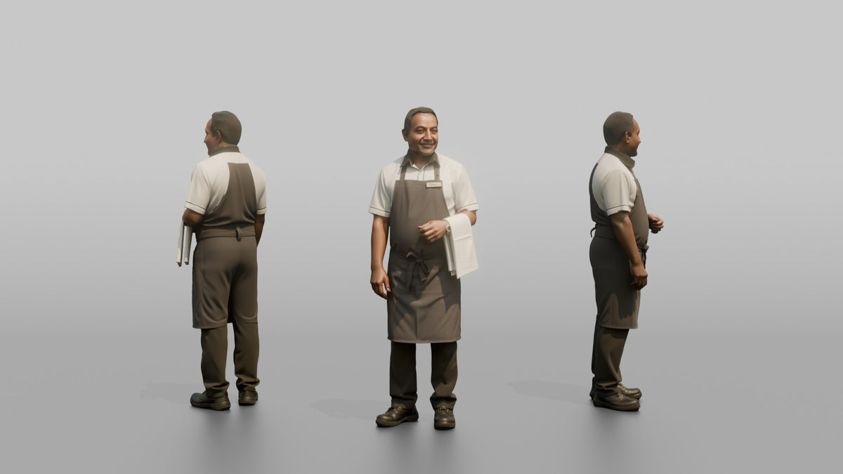 Server Man Holding A Folded White Napkin Over One Arm - 3D character model, view 1