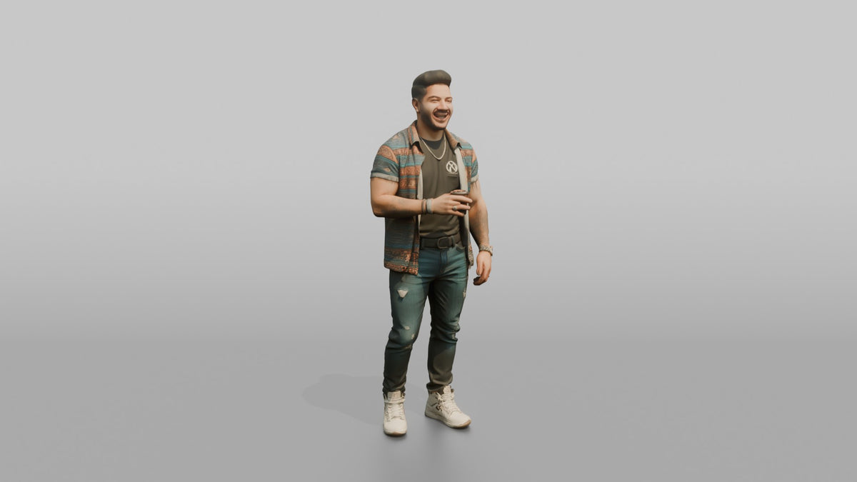 Patron Man Wearing Colorful Streetwear Layers, Mid-laugh, Holding A Drink - 3D character model
