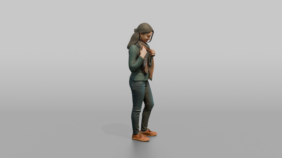 Woman Customer Trying A Scarf Around Her Neck - 3D character model, view 2