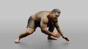 Wrestler Low Sprawling Defensive Posture to Counter a Takedown - 3D character model, view 1