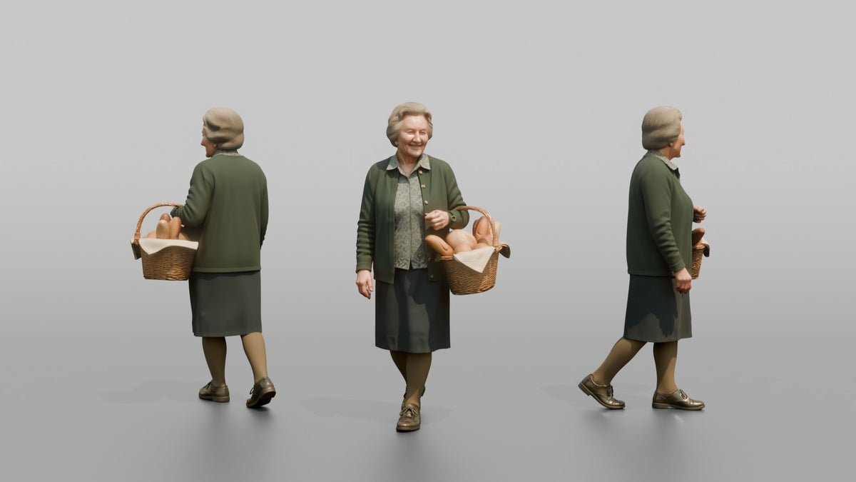 Grandmother Carrying A Wicker Basket Of Fresh Bread - 3D character model, view 1