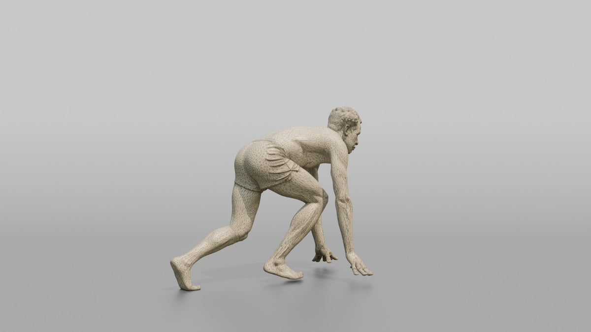 Cardio Athlete Man In A Starting Sprinter's Crouch - wireframe topology preview