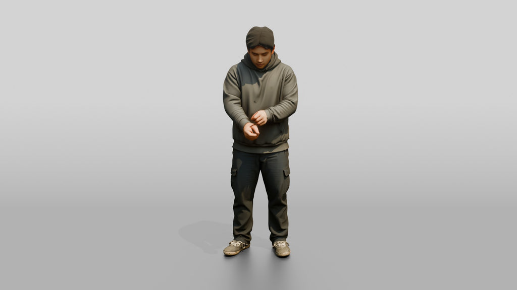 Homeless Man Adjusting His Worn Hoodie