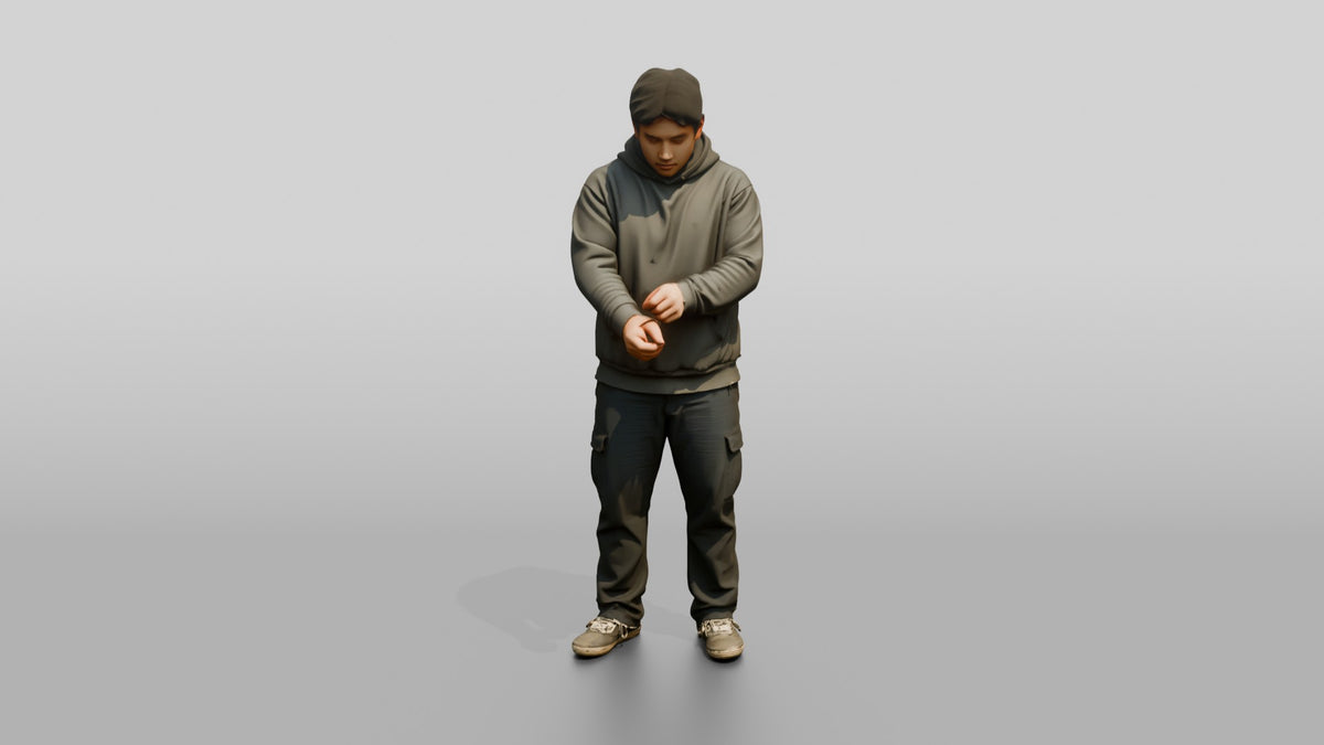Homeless Man Adjusting His Worn Hoodie - 3D character model, view 5