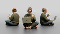 Plus-Size Woman Seated on Suitcase Eating Sandwich with Laptop