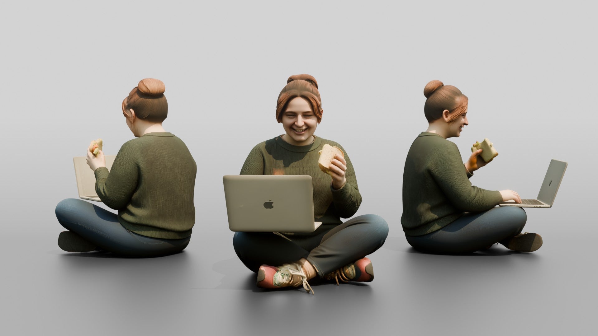 Plus-Size Woman Seated on Suitcase Eating Sandwich with Laptop