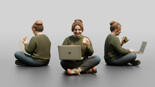 Plus-Size Woman Seated on Suitcase Eating Sandwich with Laptop