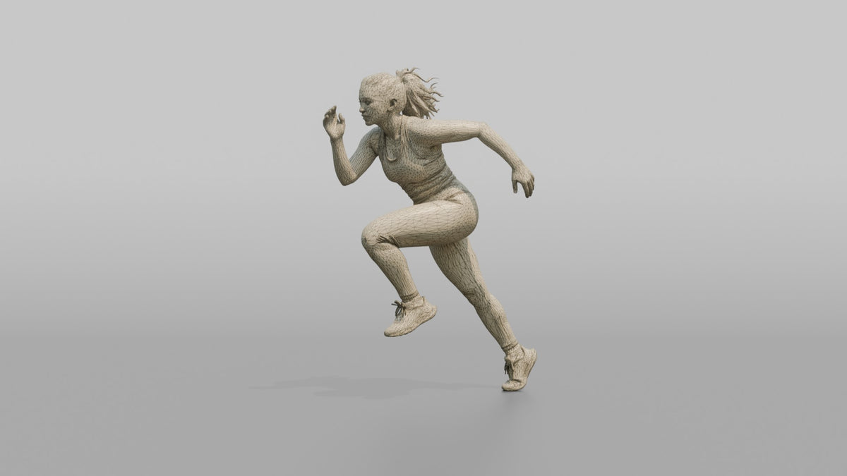 Cardio Athlete Woman In A Sprinting Stance, Leaning Forward - wireframe topology preview