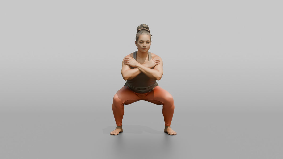 Bodyweight Athlete Woman Holding A Deep Squat Position, Arms Crossed - 3D character model, view 5