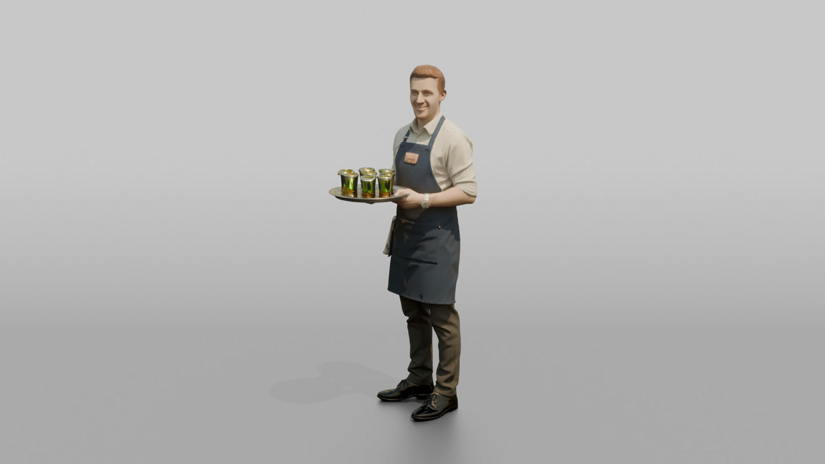 Bartender Man Holding A Tray Of Shot Glasses - 3D character model, view 4