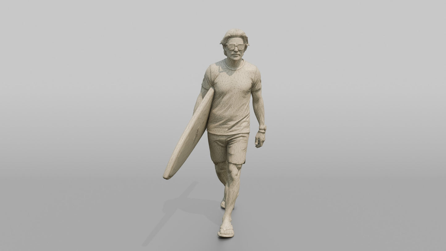 Distinguished Surfer Carrying a Wooden Surfboard