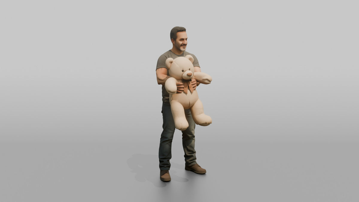 Father Holding A Large Teddy Bear Out In Front Of Him With Both Hands - 3D character model
