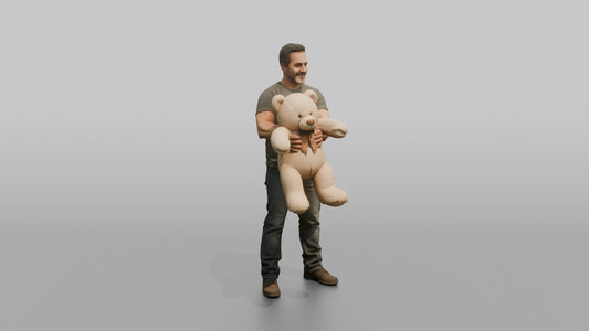 Father Holding A Large Teddy Bear Out In Front Of Him With Both Hands - 3D character model