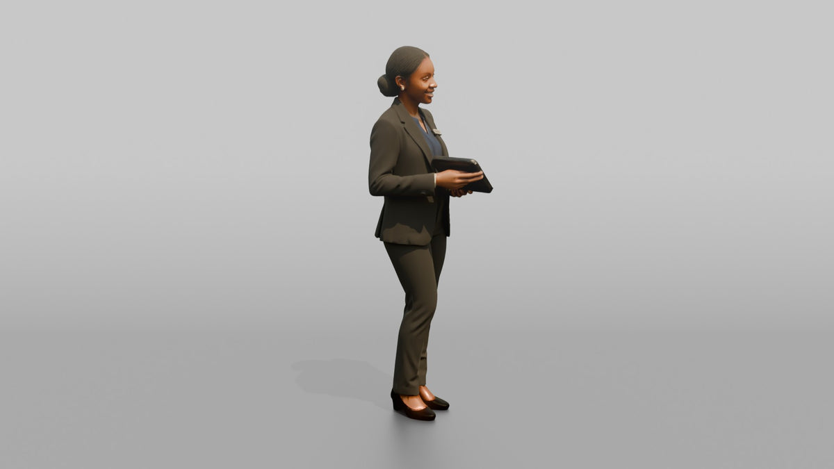 Host Woman Holding A Tablet POS Device - 3D character model, view 2