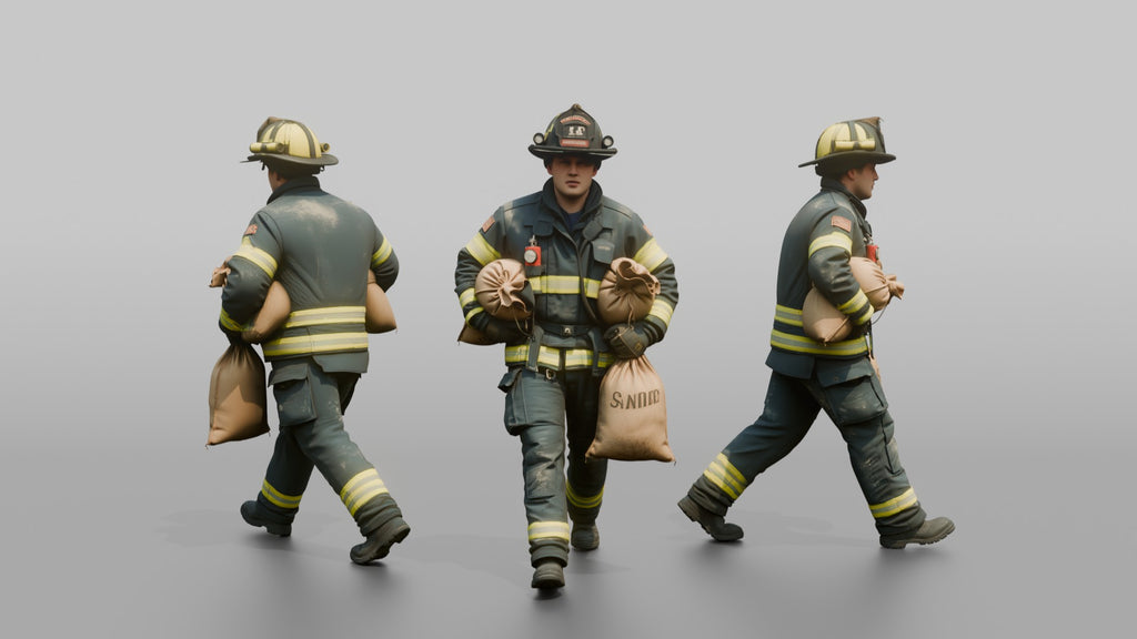 Firefighter Man Hauling a Sandbag Under Each Arm