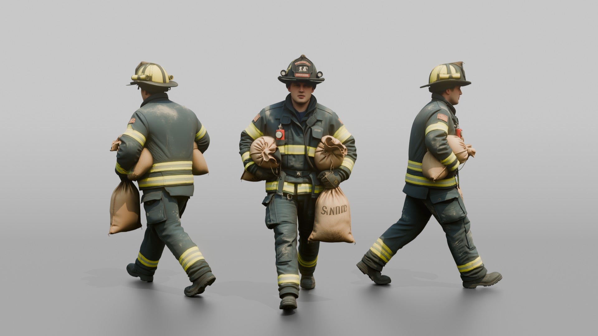 Firefighter Man Hauling a Sandbag Under Each Arm