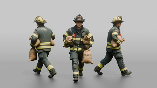 Firefighter Man Hauling a Sandbag Under Each Arm