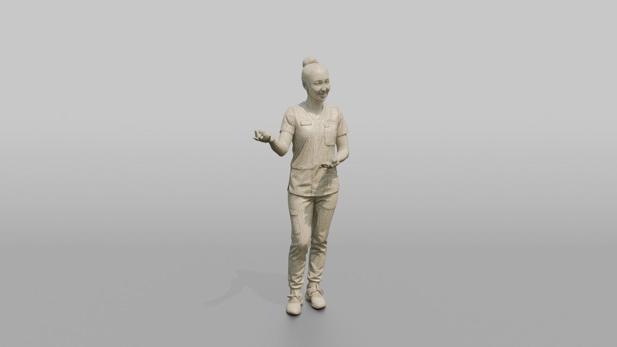 Esthetician Woman Gesturing Toward A Treatment Chair - wireframe topology preview