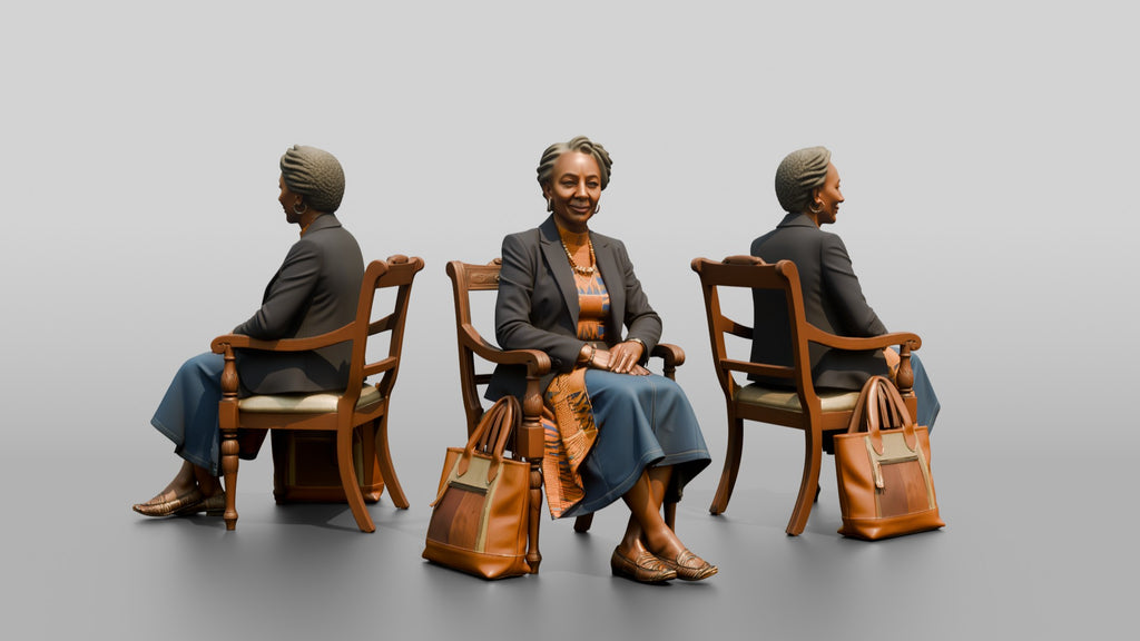 African Senior Woman Seated with Leather Tote Bag