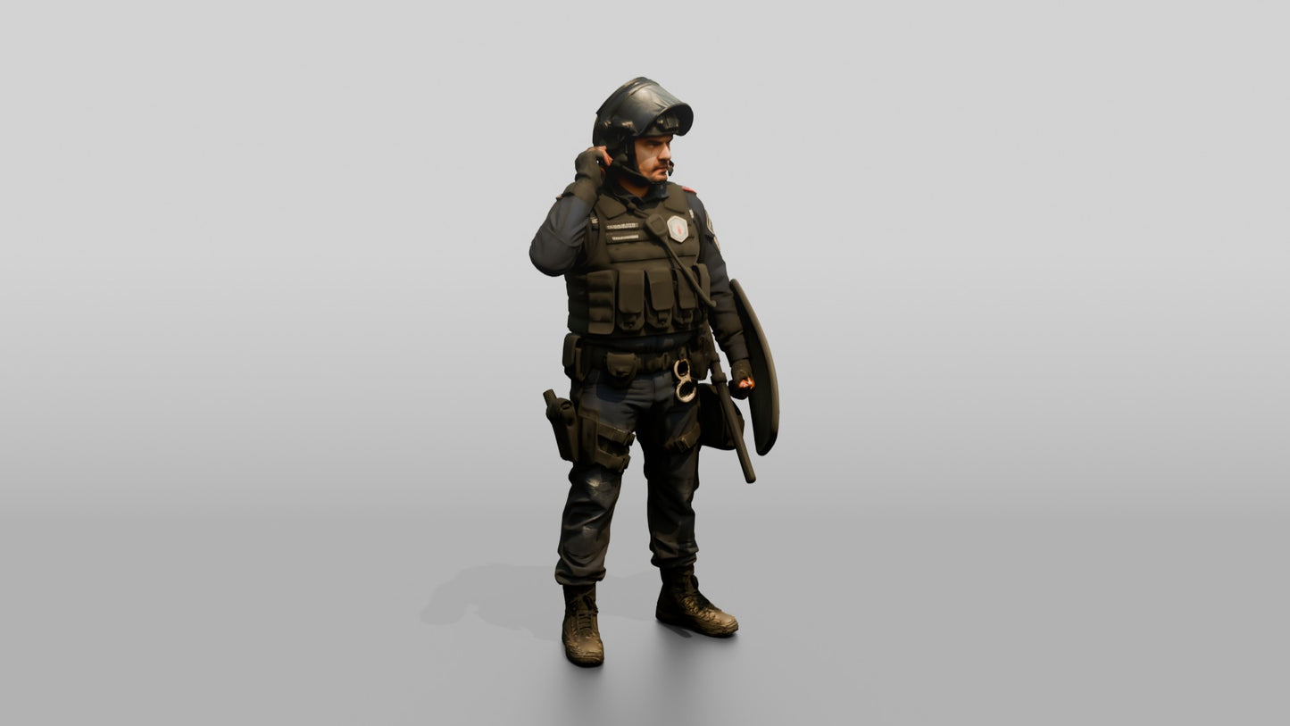 Riot Police Officer Adjusting Helmet