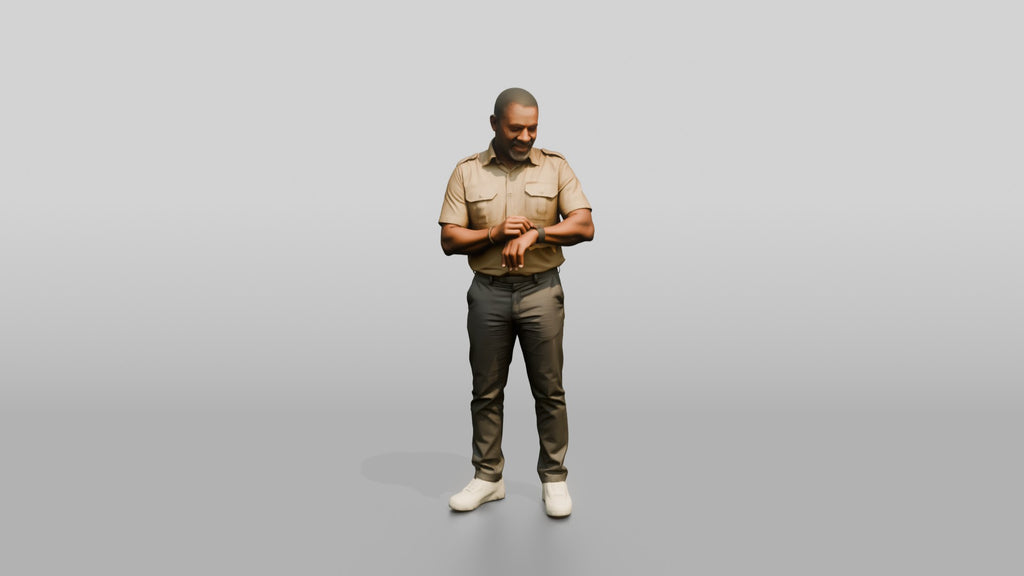 African Man in a Safari Shirt Adjusting His Smartwatch