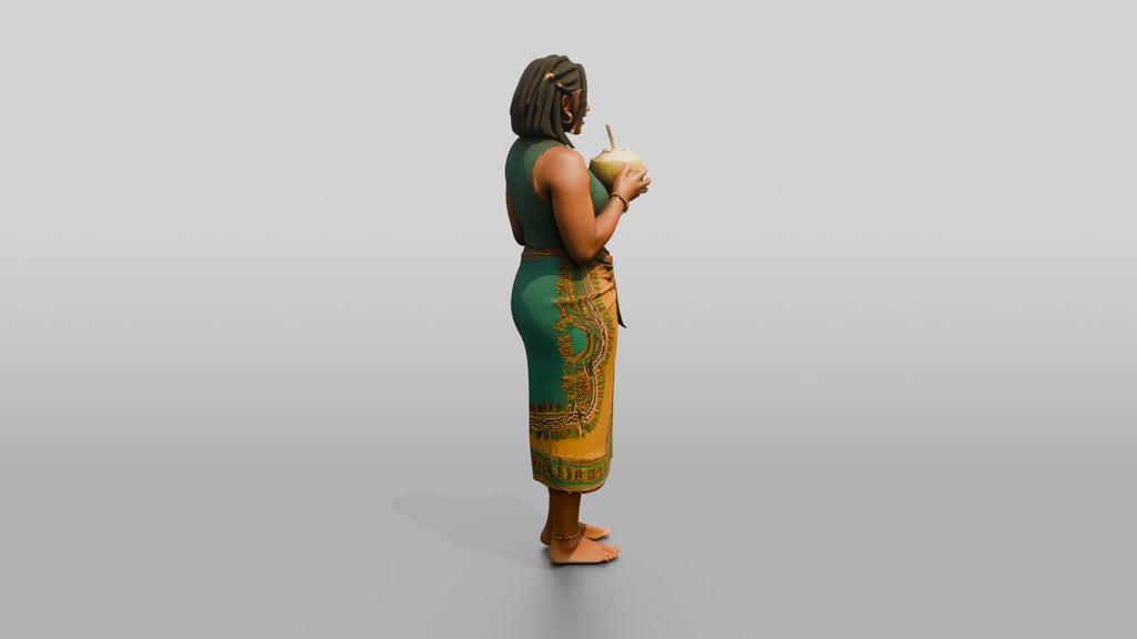 Curvy African Woman Drinking a Coconut in a Wrap Skirt