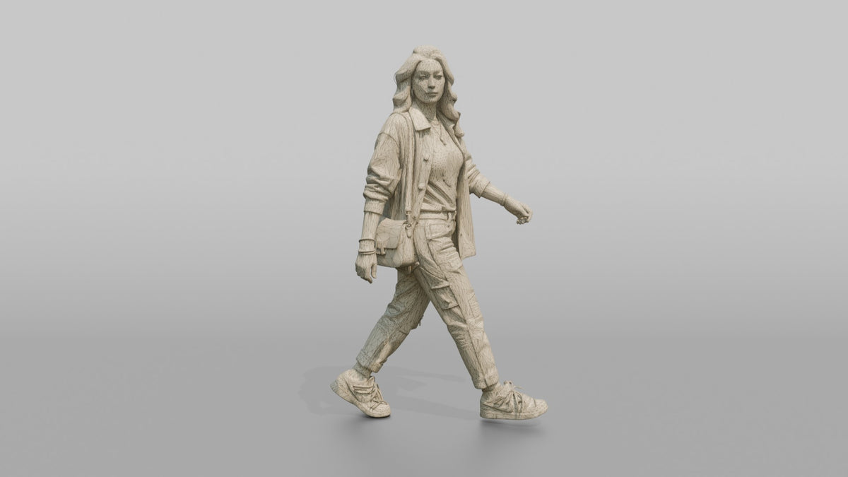 Young Woman in Dark Jacket Walking with Crossbody Bag - wireframe topology preview